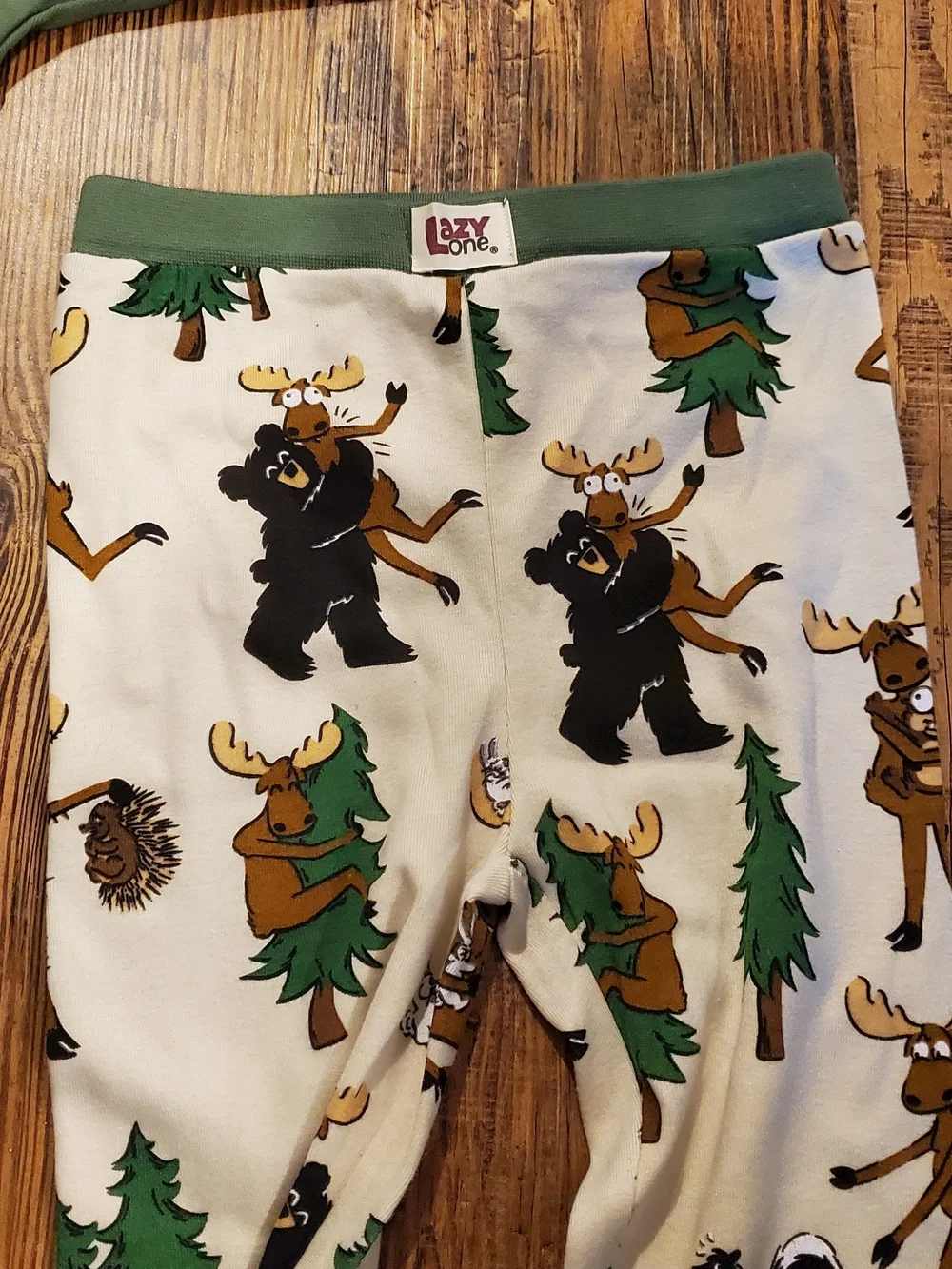 Lazy One Green Moose Graphic Kids Pajama Set with Cream Printed Pants